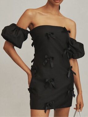 Anthropologie Off The Shoulder Black Puff Sleeve Mini Bow Dress